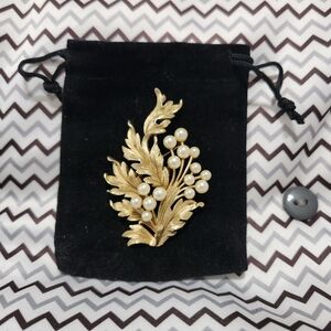 Trifari Gold Tone Pearl Leaf Branch Brooch